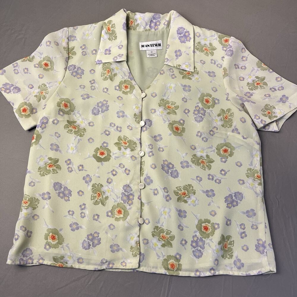 Joan Leslie 12 Button Green Floral Short Sleeve Top Chiffon Lined Women's